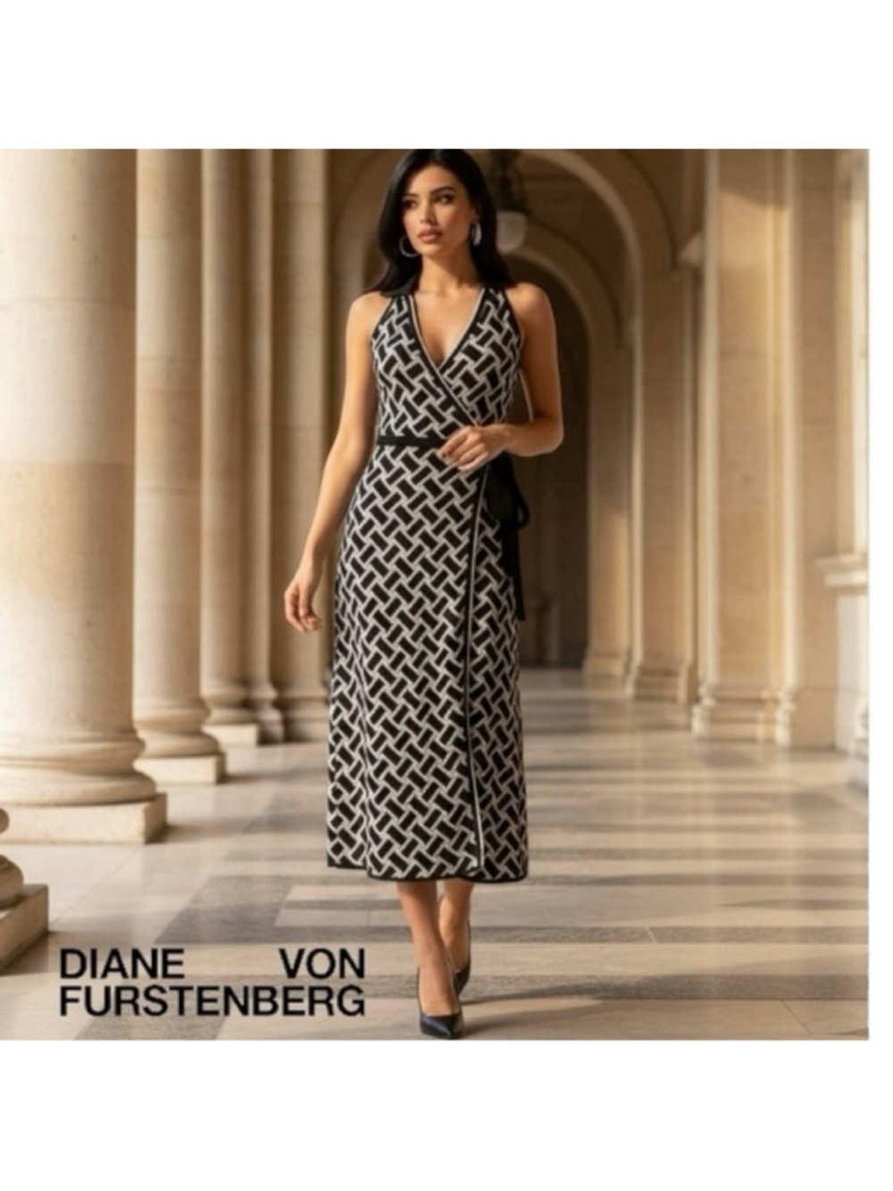 Diane von Furstenberg Geometric Knit Wrap Midi Dress Size XXS (PTP 15”)